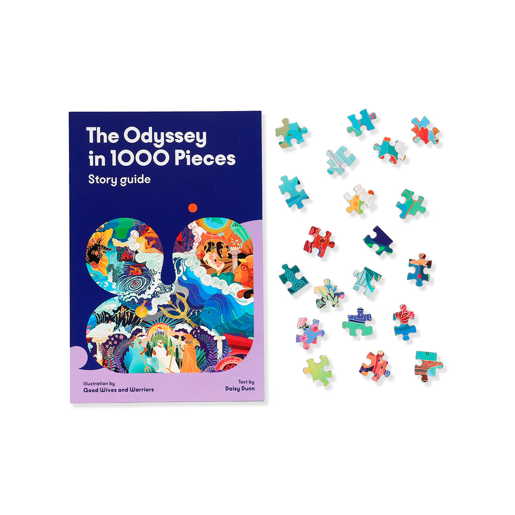 Jigsaw puzzle set with 'The Odyssey in 1000 Pieces' story guide on a white background