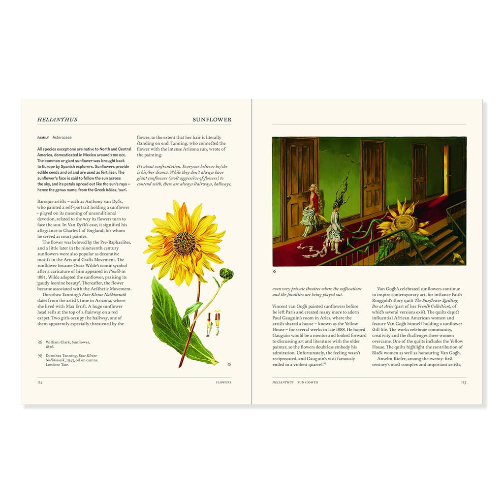 Book page with illustrations and artwork about the history and culture of the Sunflower plant with accompanying text.