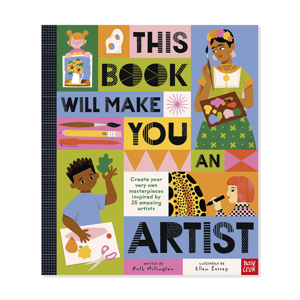 Book cover with colorful illustrations and text about creating art inspired by famous artists.