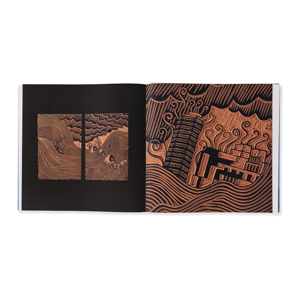 Open book with detailed illustrations on black pages
