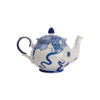 White teapot with blue sketch design on a white background