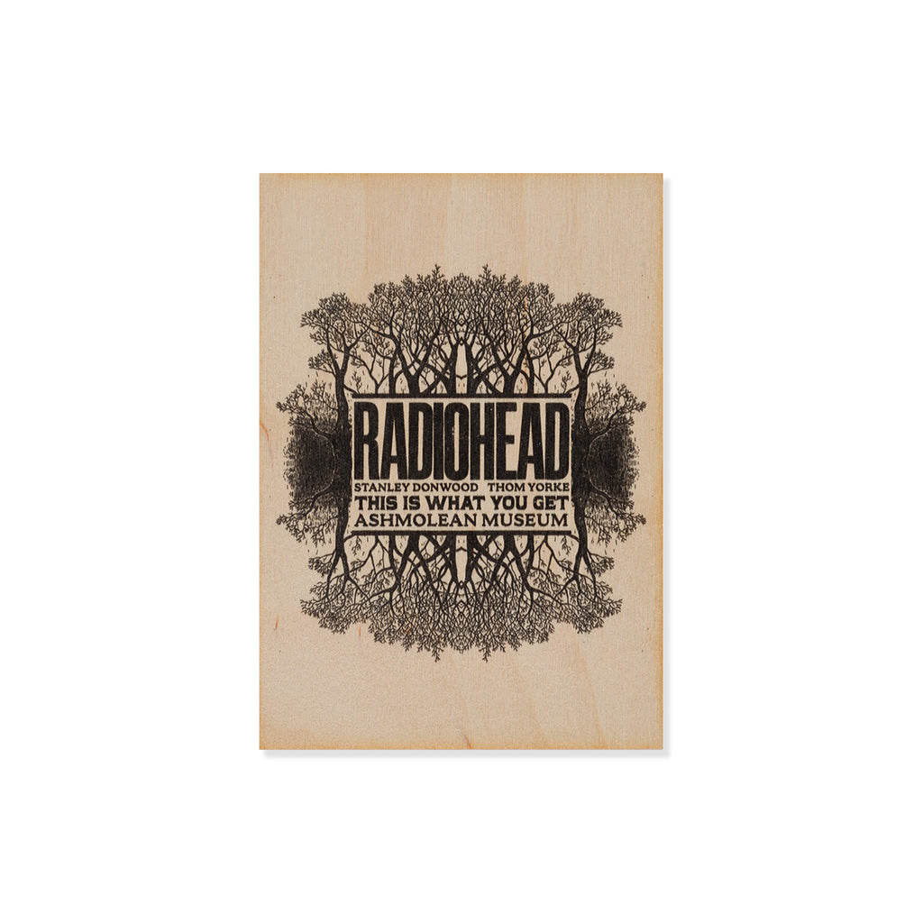 wooden postcard with 'Radiohead' design in black