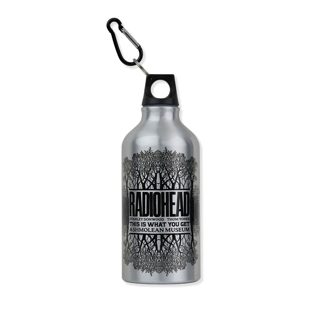 Silver water bottle with Radiohead design and carabiner on a white background