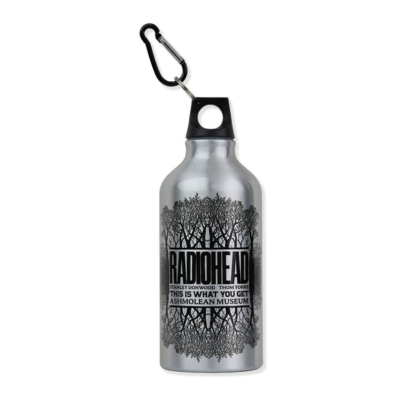 Silver water bottle with Radiohead design and carabiner on a white background