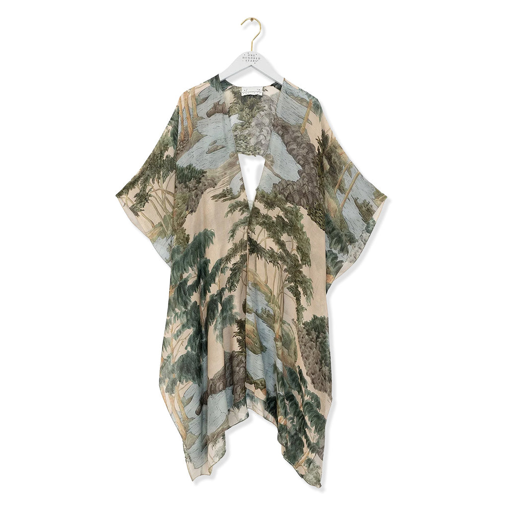 Long throwover with rivers and trees pattern in greens and earthy tones on a white background.