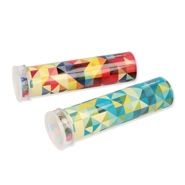 Two clear plastic cylindrical tin kaleidoscope tubes with clear lids, decorated with a colourful geometric triangle pattern, shown on a plain white background.
