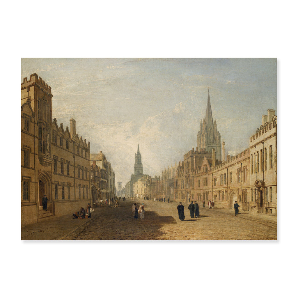 A greetings card featuring a painting of the High Street in Oxford by JMW Turner, with architectural details and people in the distance.
