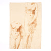 A cotton tea towel featuring vintage-style art sketch of two nude Aphrodite torso studies rendered in sepia brown ink on aged beige paper, shown against a plain white background.
