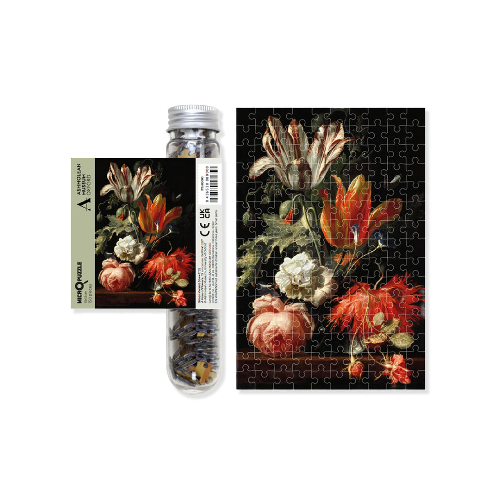 miniature 150 piece jigsaw puzzle of dutch still life painting of a vase of flowers on a white background.