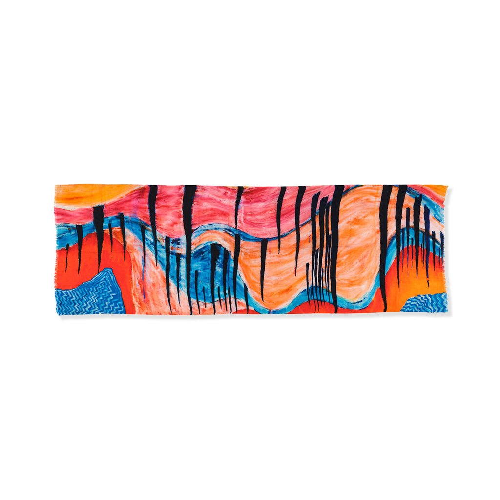 Wool and silk blend scarf with colourful abstract design on a white background