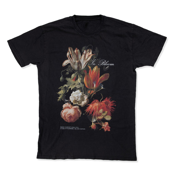Black unisex t shirt with Dutch still life bouquet of flowers painting on a white background.