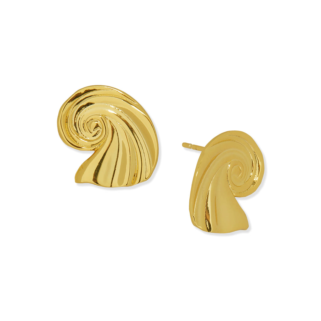 Pair of gold pvd plated stud earrings in the shape of swirling waves on a white background.