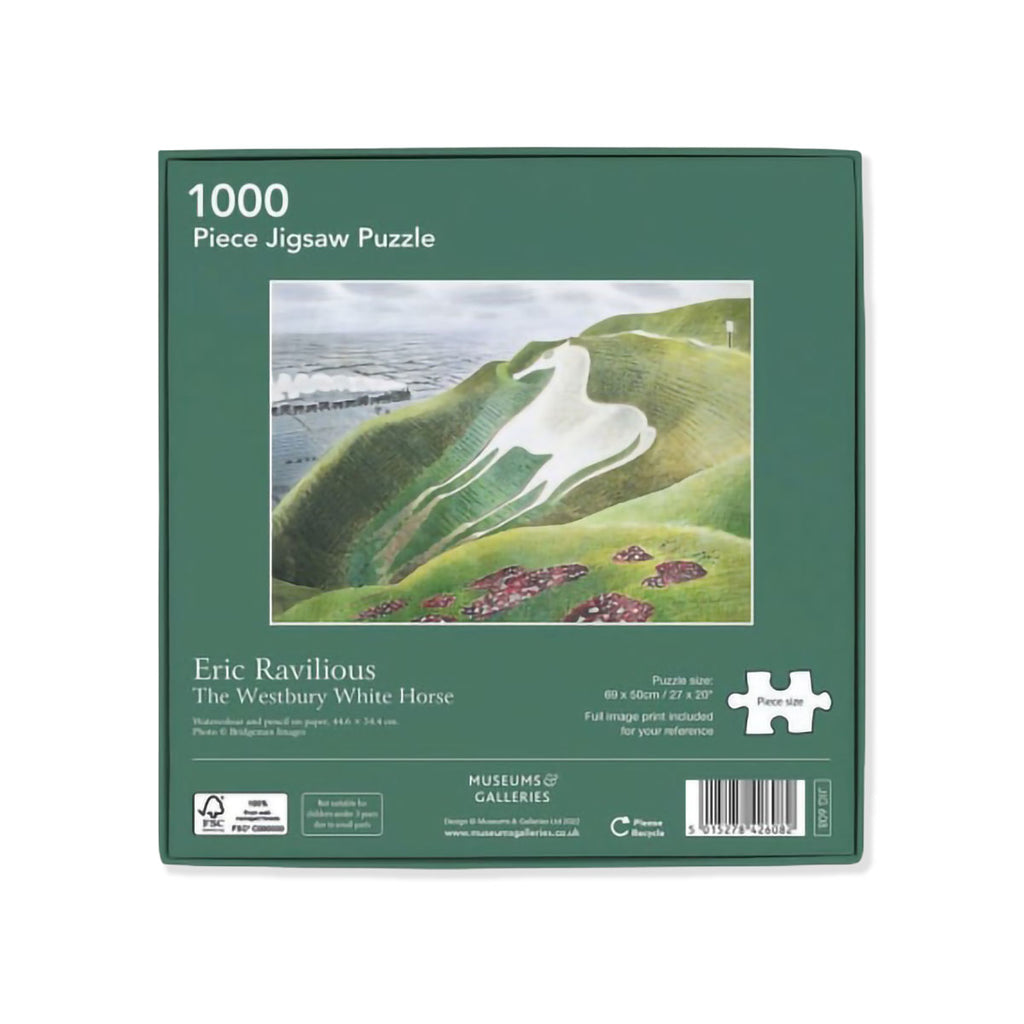 Back of the box of 1,000 piece jigsaw puzzle featuring Eric Ravilious' artwork of the Westbury White Horse landmark.