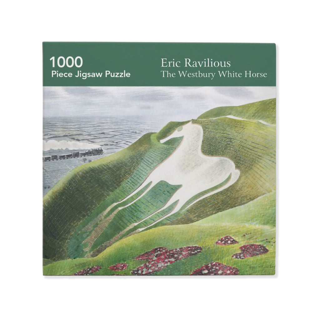 1,000 piece jigsaw puzzle packaging featuring a white horse on a green hill with water in the background, based on artwork by Eric Ravilious.