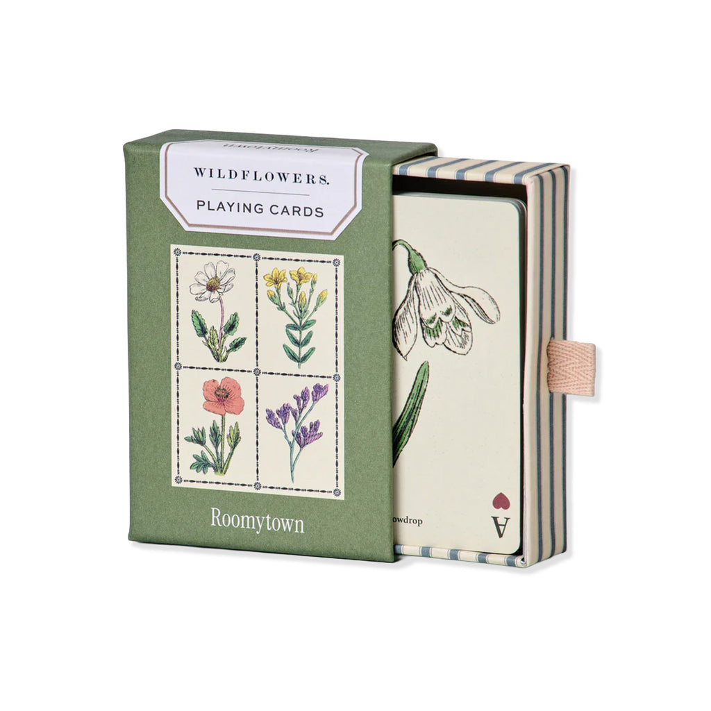 Open box of deck of Wildflower playing cards on a white background.