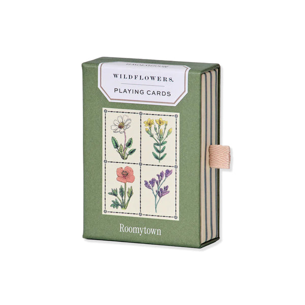 Pack of wildflower paying cards with green and white box and illustrations of wildflowers on a white background.