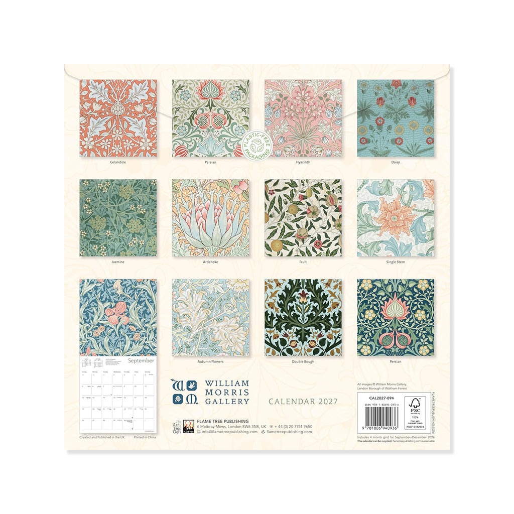 William Morris Gallery calendar with floral patterns on a white background