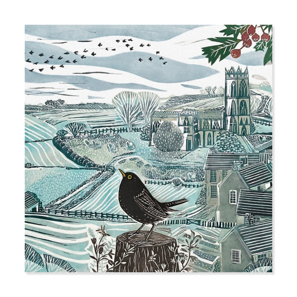 Illustration of a bird on a stump with a snowy landscape and church in the background