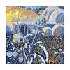 Artistic depiction of a winter landscape with trees and flowers, using blue, orange, and white colors.