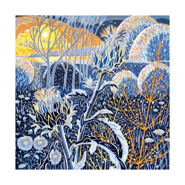 Artistic depiction of a winter landscape with trees and flowers, using blue, orange, and white colors.