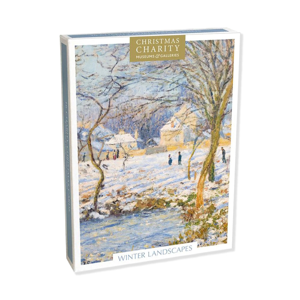 Packaging for Christmas Charity cards featuring a winter landscape painting.