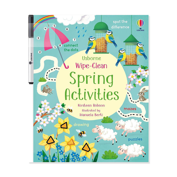 Novelty Children's interactive book featuring a range of Spring themed activities with birds, farm animals, flowers and rainbows on the cover against a white background.