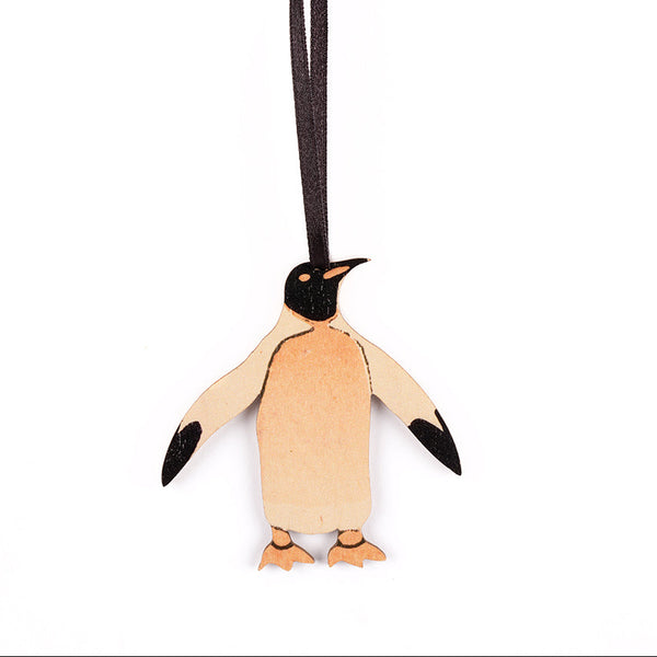 A small wooden penguin ornament with a black hanging ribbon, shown on a plain white background.