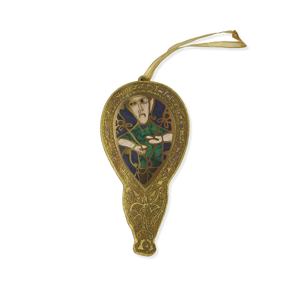 Wooden decoration of the Alfred jewel in gold and blue colours on a white background. 