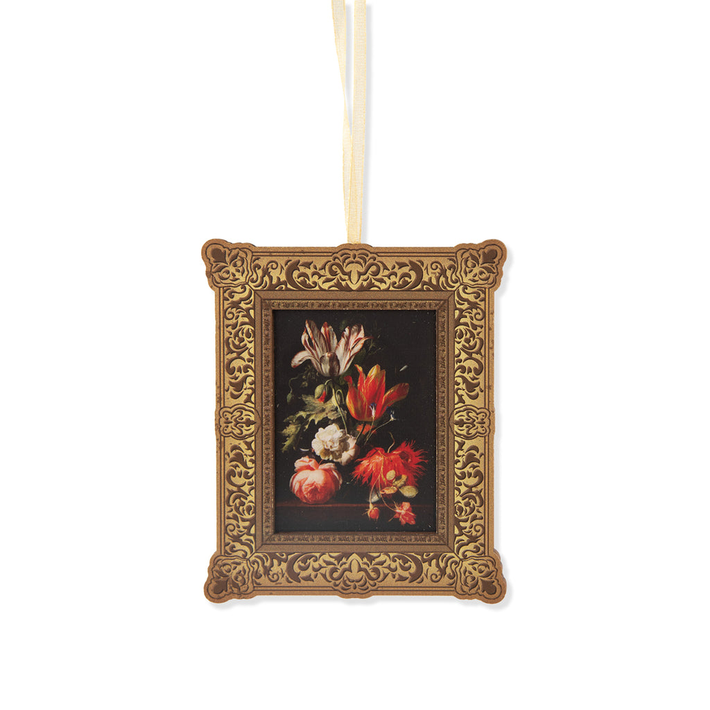 Wooden decoration with hanging loop of Dutch still life floral painting with golden frame on a white background.