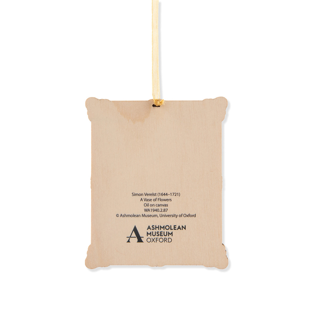 Back of wooden Dutch still life floral painting decoration with Ashmolean Museum logo and Simon Verelst artists credit on a white background.