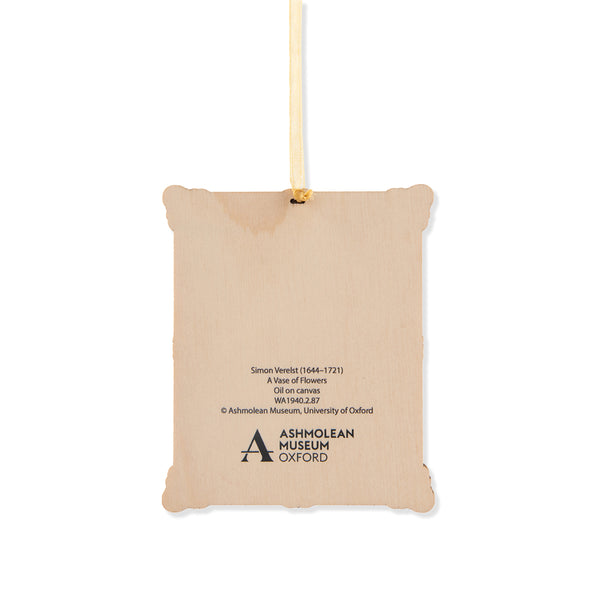 Back of wooden Dutch still life floral painting decoration with Ashmolean Museum logo and Simon Verelst artists credit on a white background.