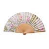 Wooden hand fan with John Ruskin Wild Rose artwork in pink and cream colours on white background.