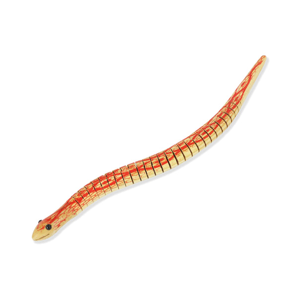 A wooden snake toy with a realistic red and yellow scale pattern, featuring a small black eye on a plain white background.
