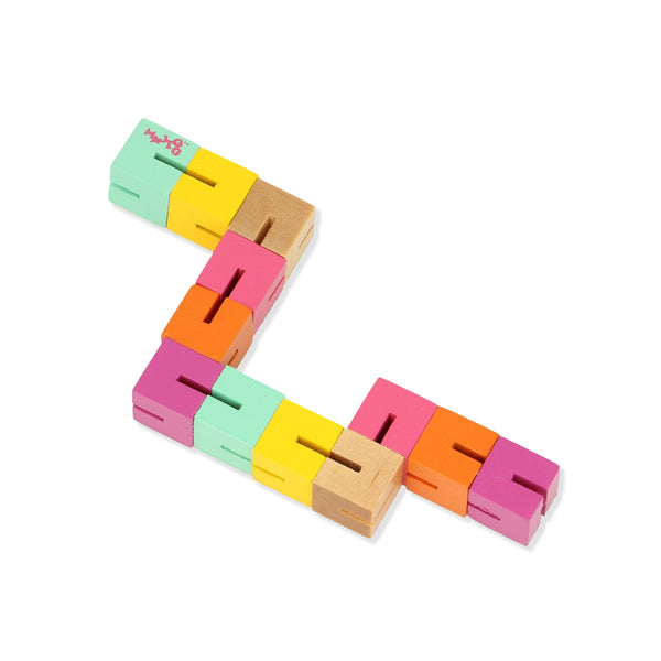 A colorful wooden interlocking block puzzle toy arranged in a zigzag shape on a plain white background.