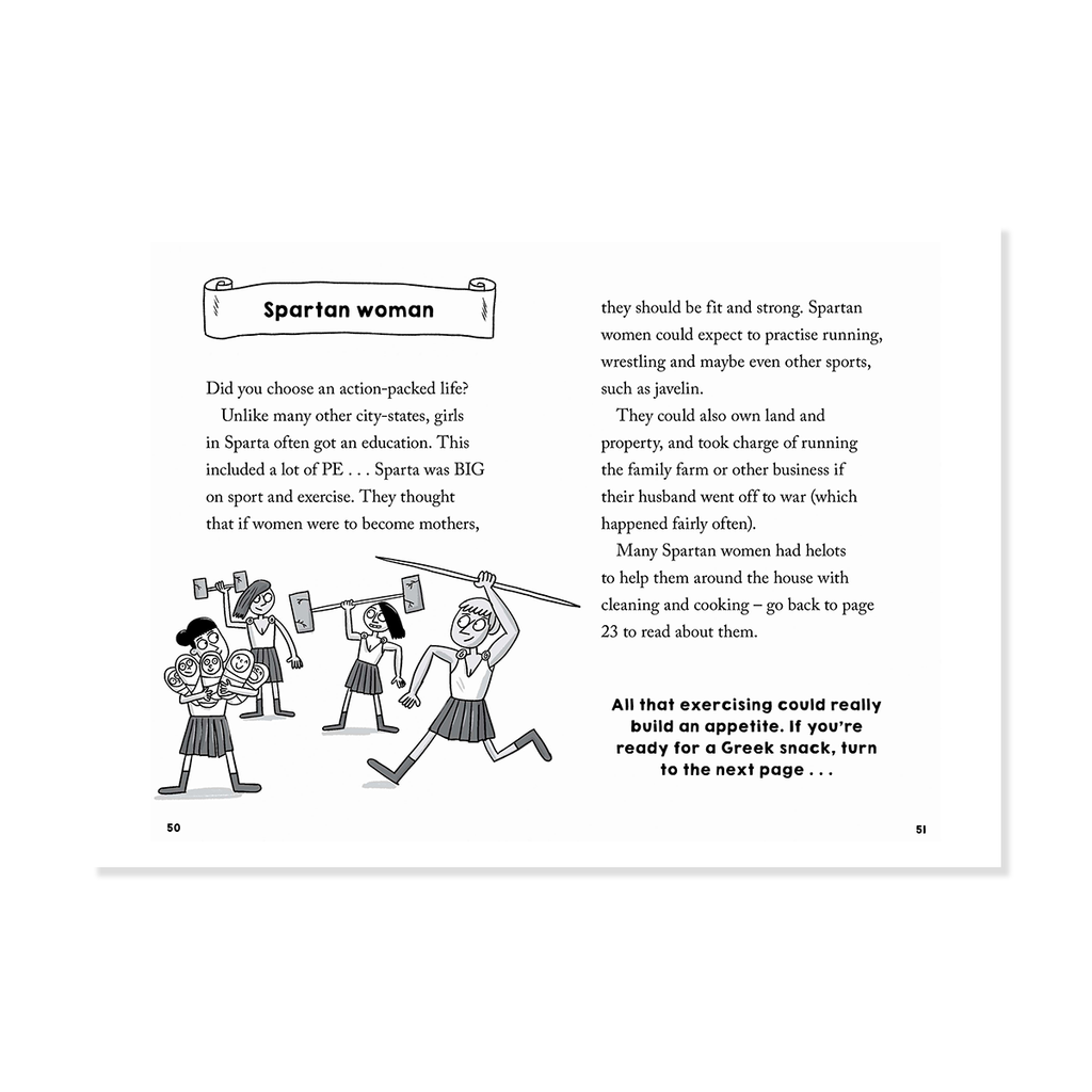 Book page with text and illustrations about Spartan women, featuring a black and white drawing of women carrying weights.