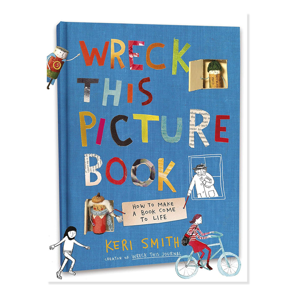 Book titled 'Wreck This Picture Book' by Keri Smith with colorful text and illustrations on a blue background.