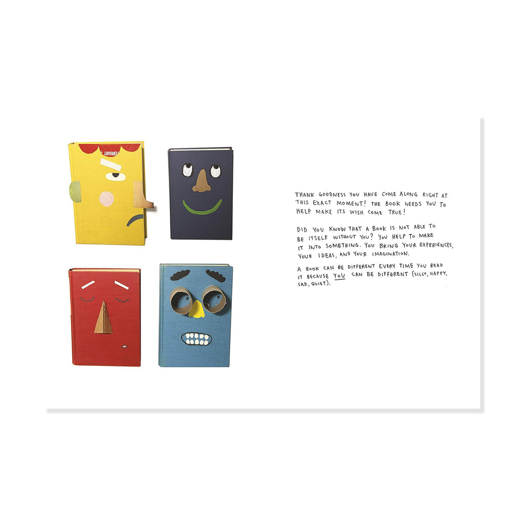 Four colorful books with face-like designs on a white background