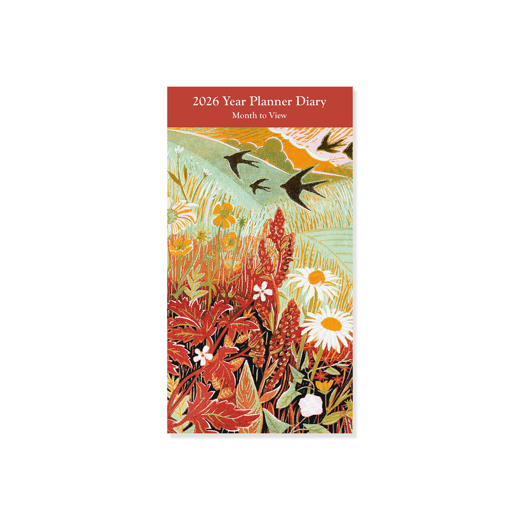 Sparrows flying over rolling hills and in the foreground are flowers and shrubs