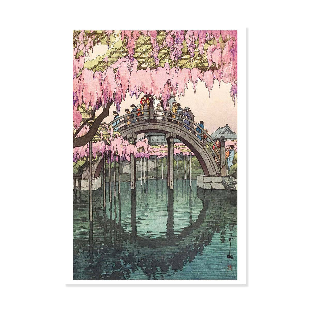 Artistic depiction of a bridge under a pink flowering tree with people gathered around, over a body of water.