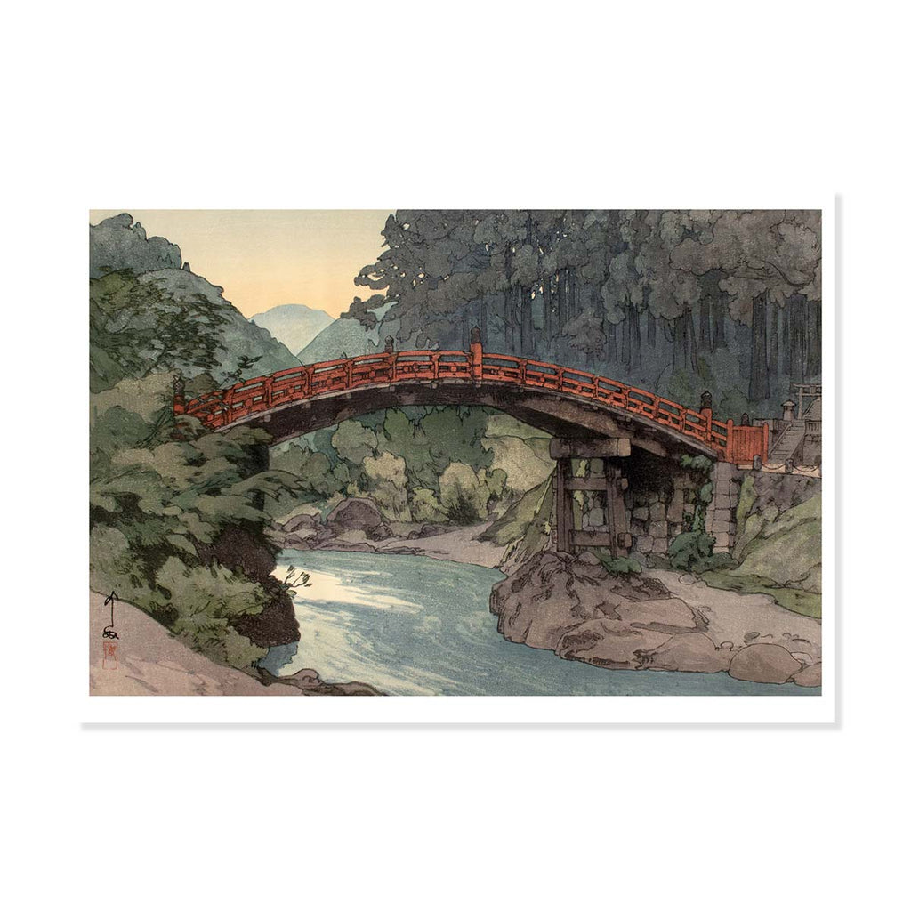 Vintage-style illustration of a red bridge over a river with mountains in the background