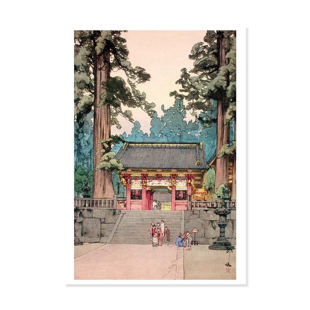 Traditional Japanese temple with people and trees, artistic style