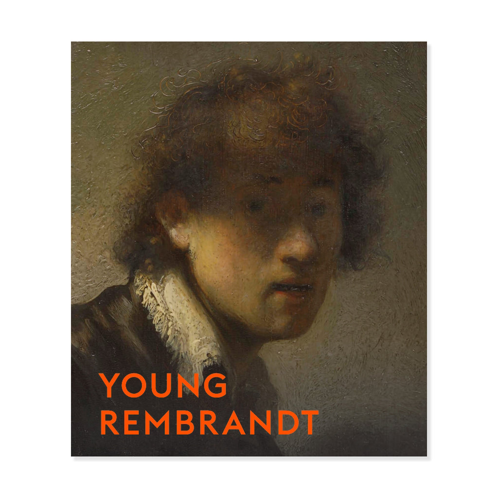 Ashmolean publication book cover for 'Young Rembrandt' exhibition catalogue featuring Rembrandt self portrait painting against a white background.