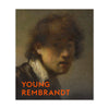 Ashmolean publication book cover for 'Young Rembrandt' exhibition catalogue featuring Rembrandt self portrait painting against a white background.