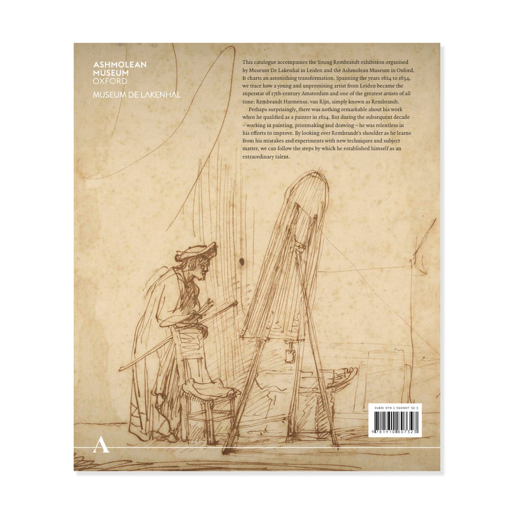 The back cover of a book titled 'Ashmolean Museum Museum of Lakerlan' on a clean white background, featuring a sepia-toned sketch of an artist at a easel.