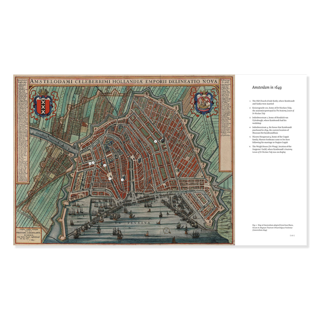 An open book or booklet showing a detailed vintage map of Amsterdam on the left page and printed text on the right page, photographed against a plain white background.