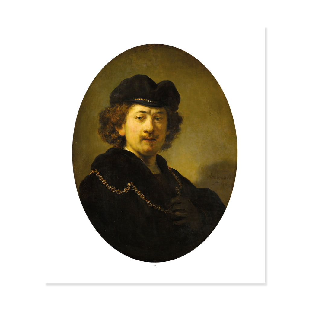 A classic oil painting portrait of Rembrand van Rijn, depicted within an oval frame on a white canvas print.