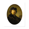 A classic oil painting portrait of Rembrand van Rijn, depicted within an oval frame on a white canvas print.