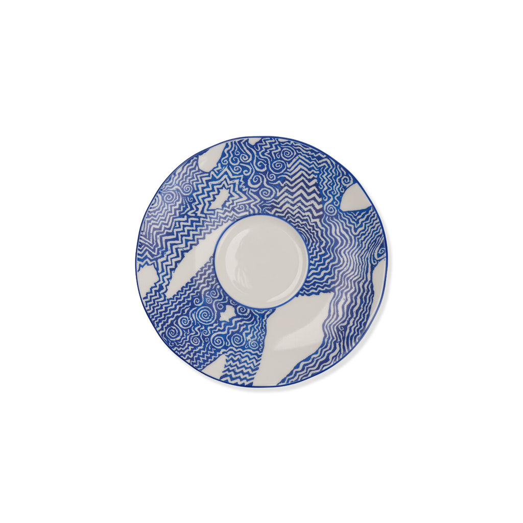 blue and white bone china teacup saucer on a white background