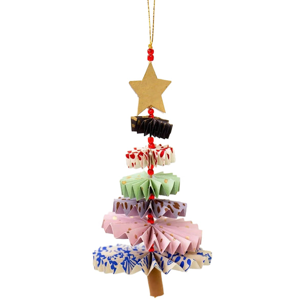 A hanging Christmas tree ornament made from layered paper fan shapes in pastel colors, topped with a gold star and red beads, suspended by a gold string on a white background.