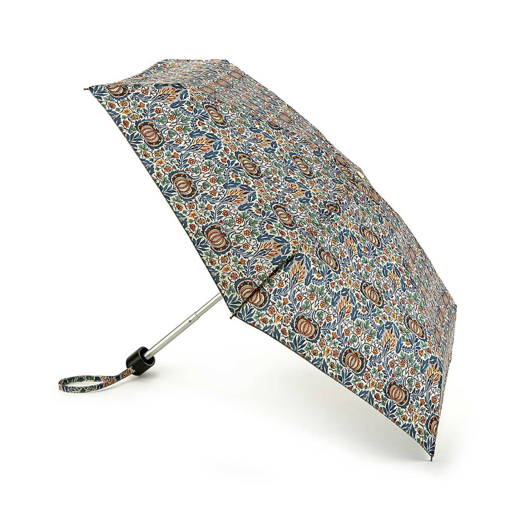 Pomegranates and Indian-inspired motifs cover this umbrella in a teal and saffron colourway. A black handle, 3 section lightweight, special aluminium and fibreglass frame.